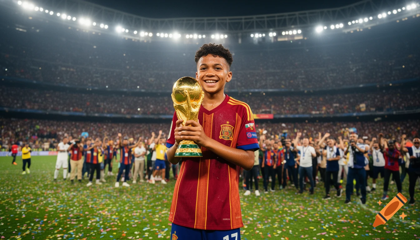 A young boy in a red and gold jersey smiles brightly while holding a golden World Cup trophy on a confetti-strewn stadium field.