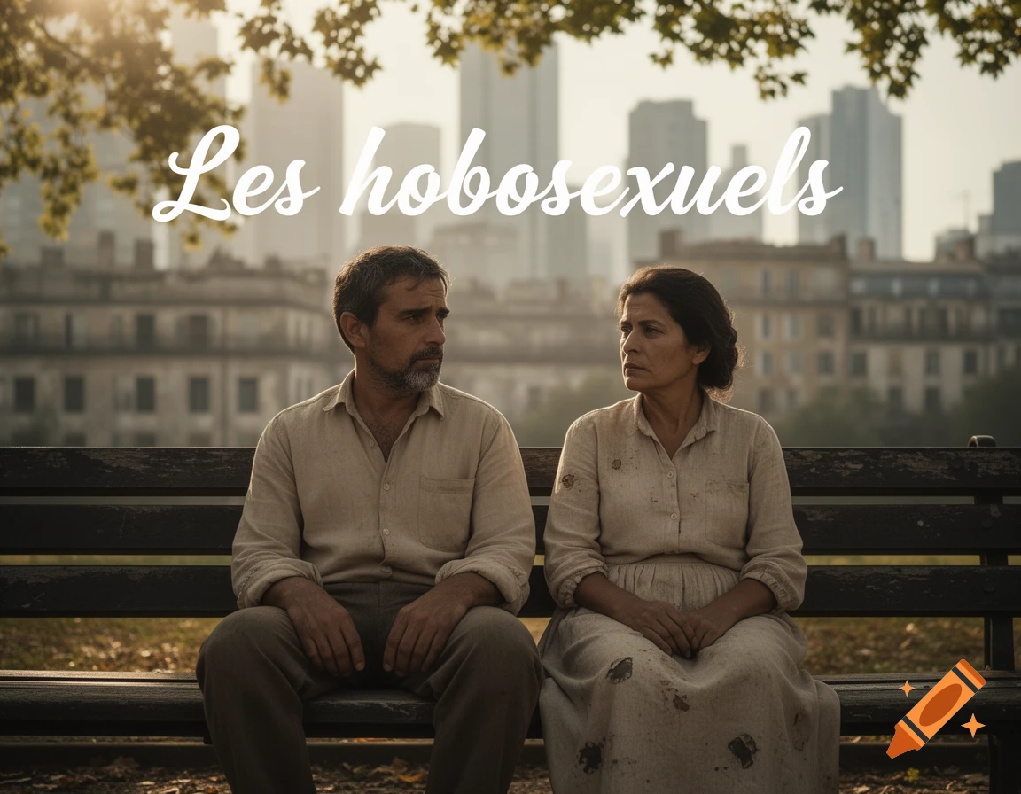 A man and woman sit sadly on a park bench in front of a blurred city skyline, with the text 'Les hobosexuels' overlaid.