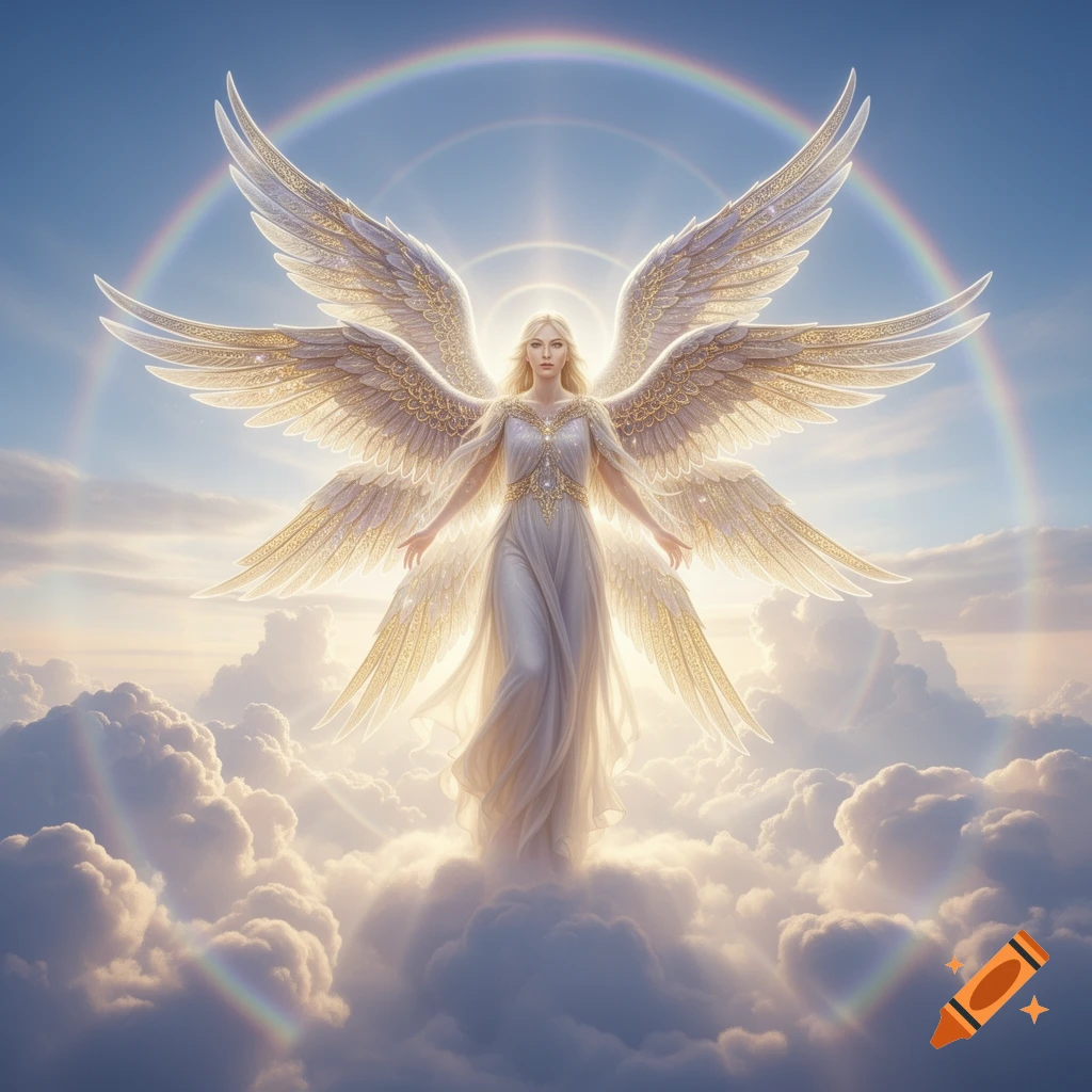 A majestic Seraphim angel with six golden wings stands gracefully on soft clouds with a rainbow arching overhead in a bright sky.