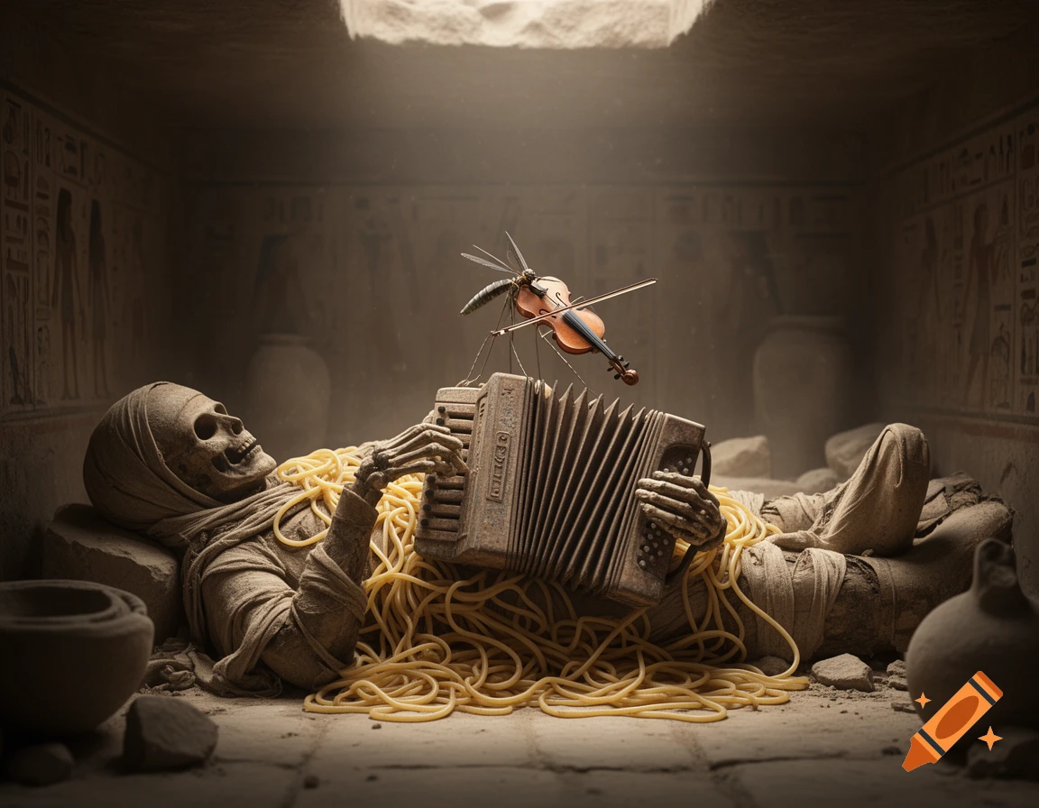 A mummified skeleton lies in an ancient tomb playing an accordion covered in spaghetti, with a mosquito playing a violin on the accordion.