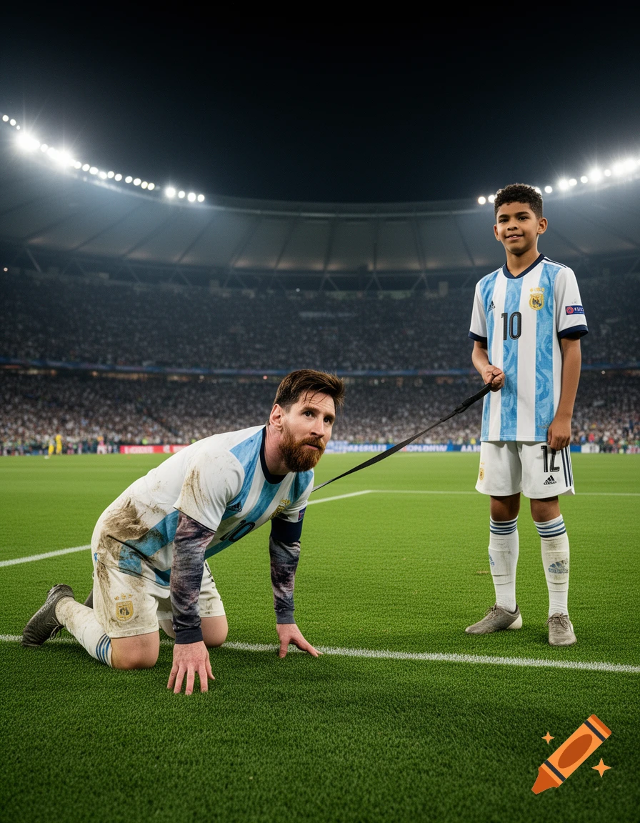 Lionel Messi on all fours on a soccer field, on a leash held by a young boy in an Argentina jersey, in a stadium at night.