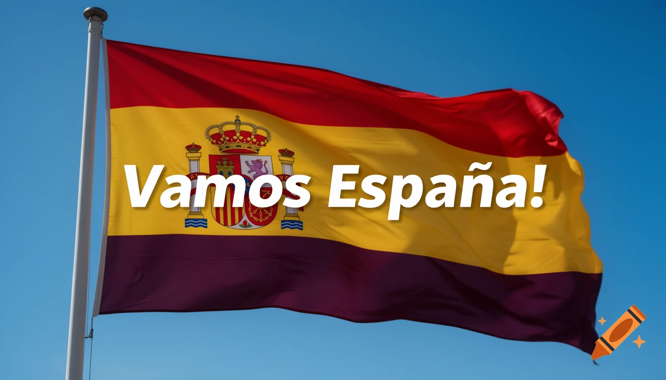 Flag of Spain with the text 'Vamos España!' against a clear blue sky.