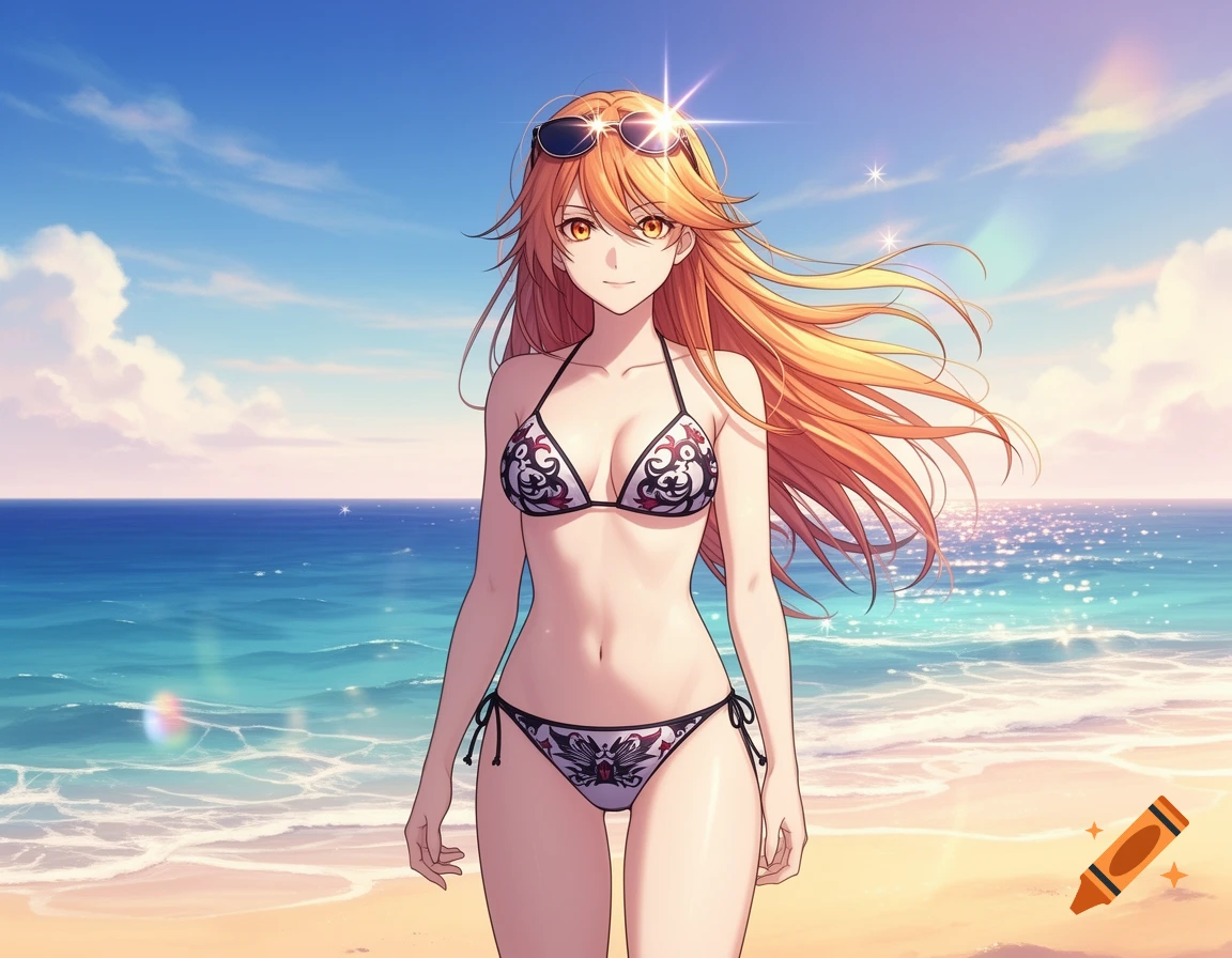 An anime girl with long orange hair and sunglasses on her head wears a patterned bikini on a sunny beach.