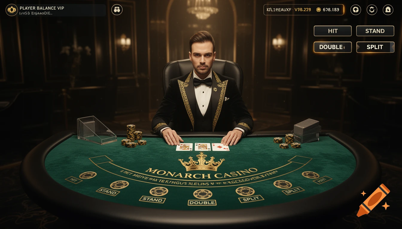 A man in a tuxedo sits at a luxury emerald green blackjack table with casino chips and playing cards, viewed from a player's perspective with an online casino interface overlay.