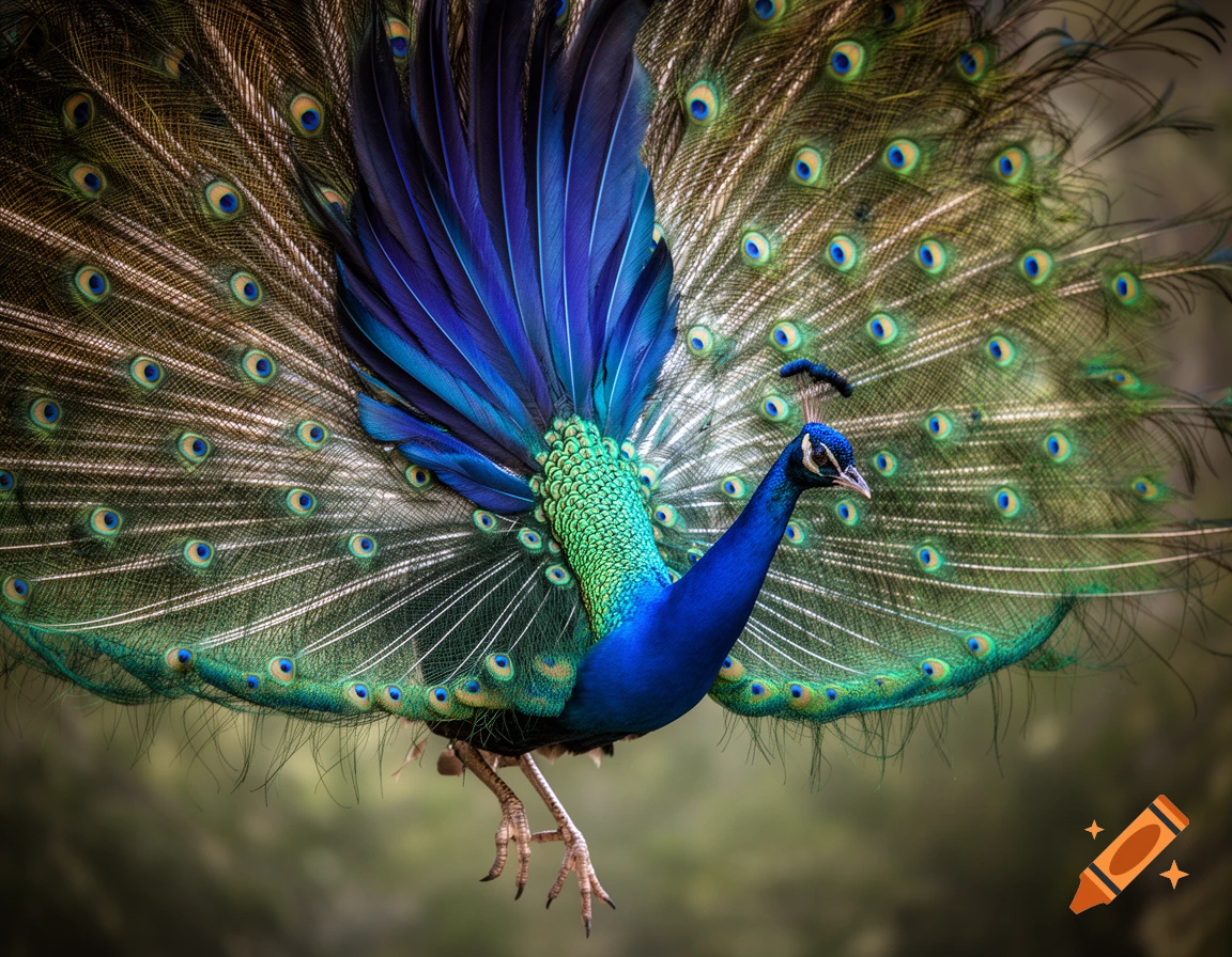 A photorealistic close-up of a vibrant blue and green peacock with its iridescent tail feathers majestically fanned out.