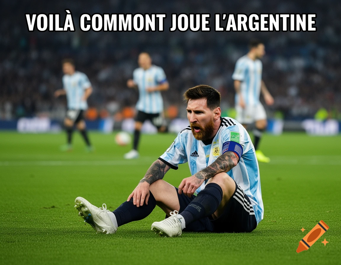 Lionel Messi, an Argentinian soccer player, sits dejected on a green football field. Text reads: "VOILÀ COMMENT JOUE L'ARGENTINE" (THIS IS HOW ARGENTINA PLAYS).