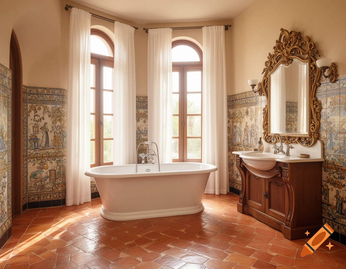 Large elegant Spanish-style bathroom with a white freestanding tub, wooden vanity, ornate gold mirror, terracotta floor, and patterned tiled walls.