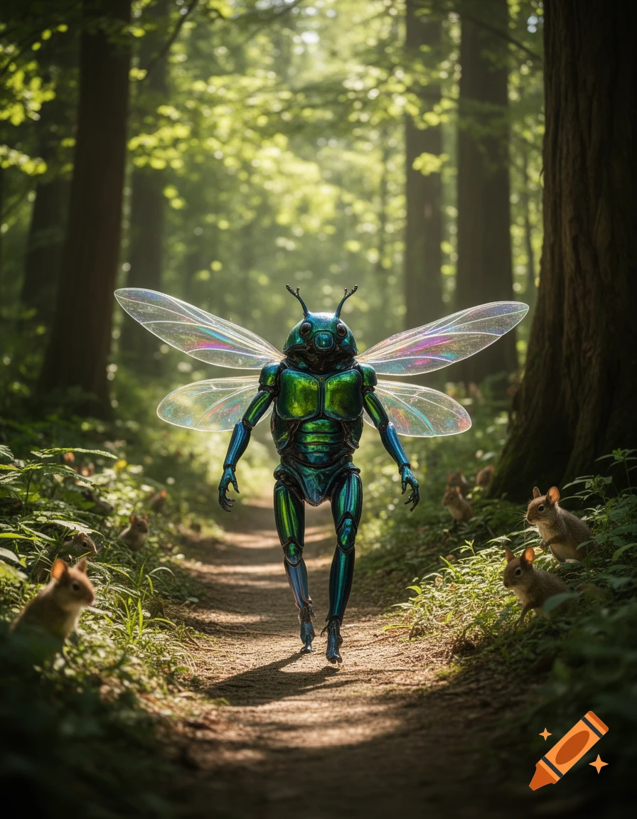 An iridescent green and blue bipedal beetle-like creature with translucent wings walks down a sun-dappled forest path, watched by squirrels.