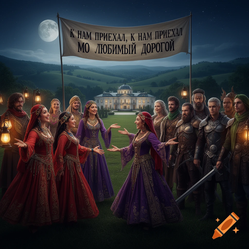 A diverse group in historical/fantasy attire stands on a grassy field at night under a full moon, with a grand mansion and banner.