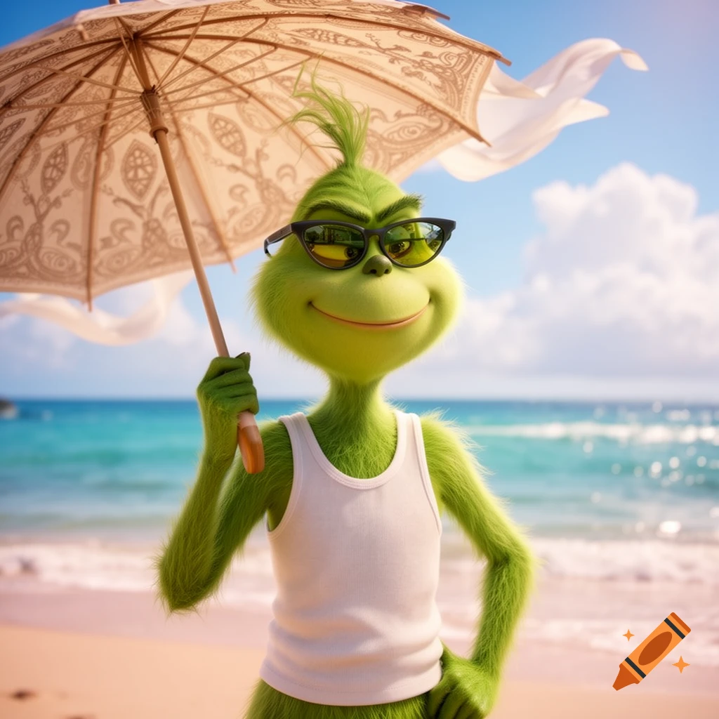 The Grinch wears sunglasses and a white tank top, smiling on a sunny beach while holding a decorative umbrella. 3D animation style.