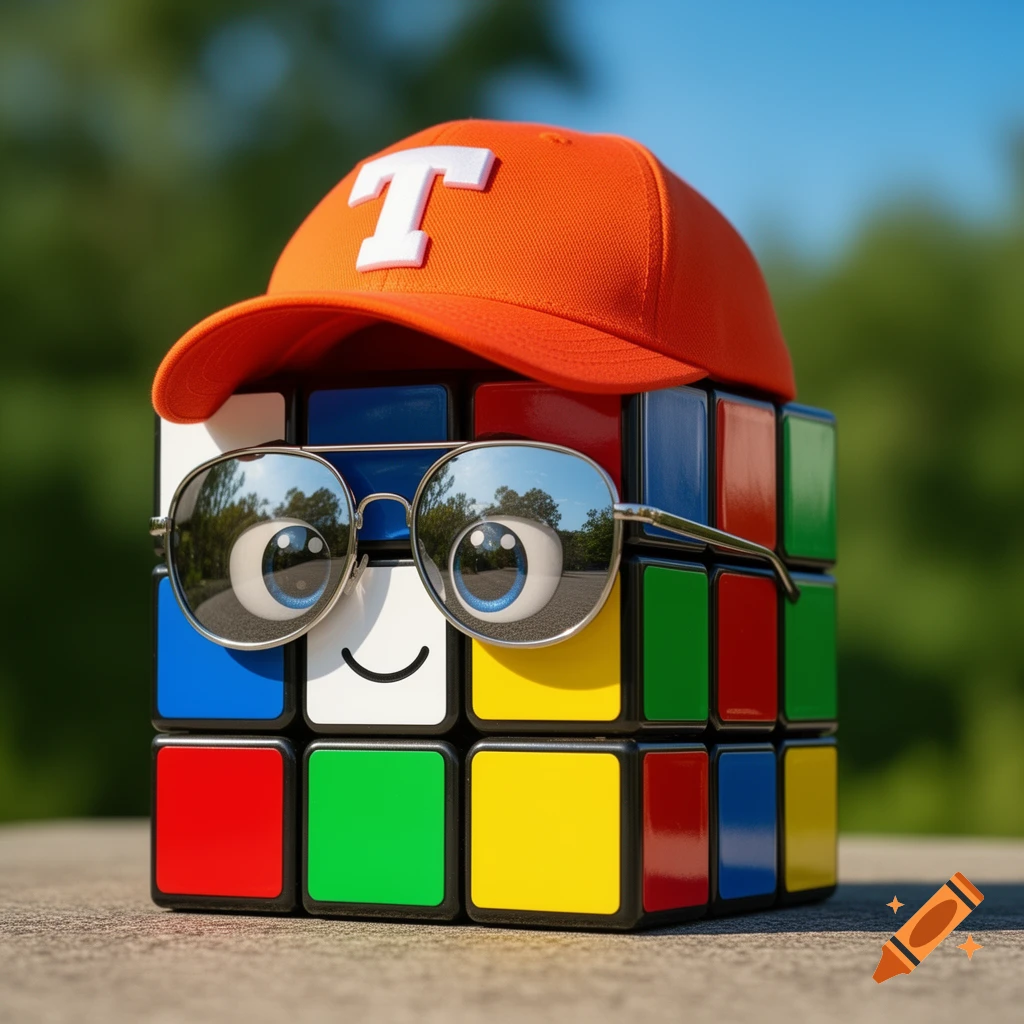 A cute Rubik's Cube wearing an orange baseball cap with a 'T', sunglasses reflecting a landscape, big eyes, and a smiling mouth outdoors.
