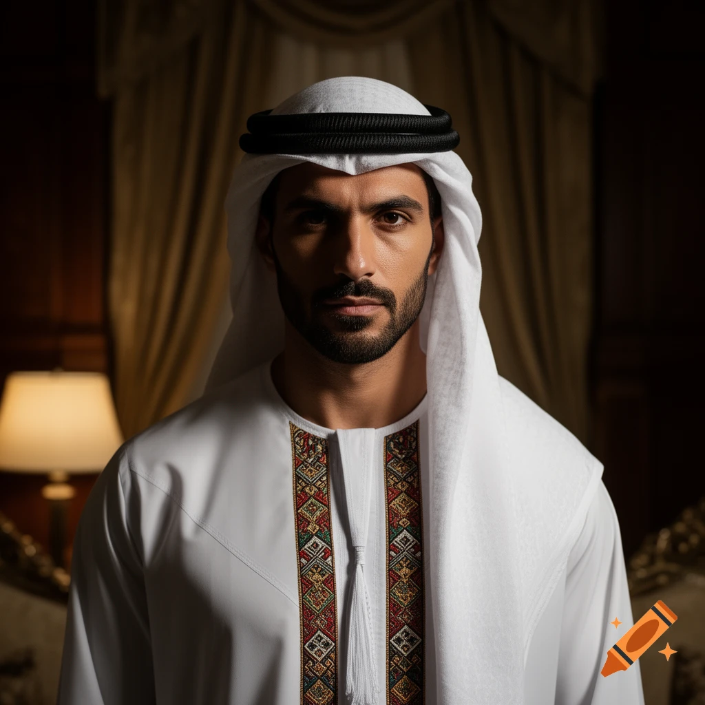 A photorealistic portrait of a man in traditional white Arab attire, a ghutra and thobe with colorful embroidery, against a dark, moody background.