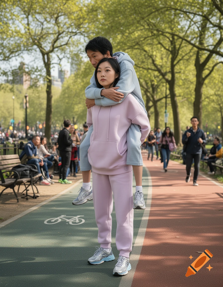 An Asian woman in a pink tracksuit gives a man a piggyback ride on a paved path in a bustling park.