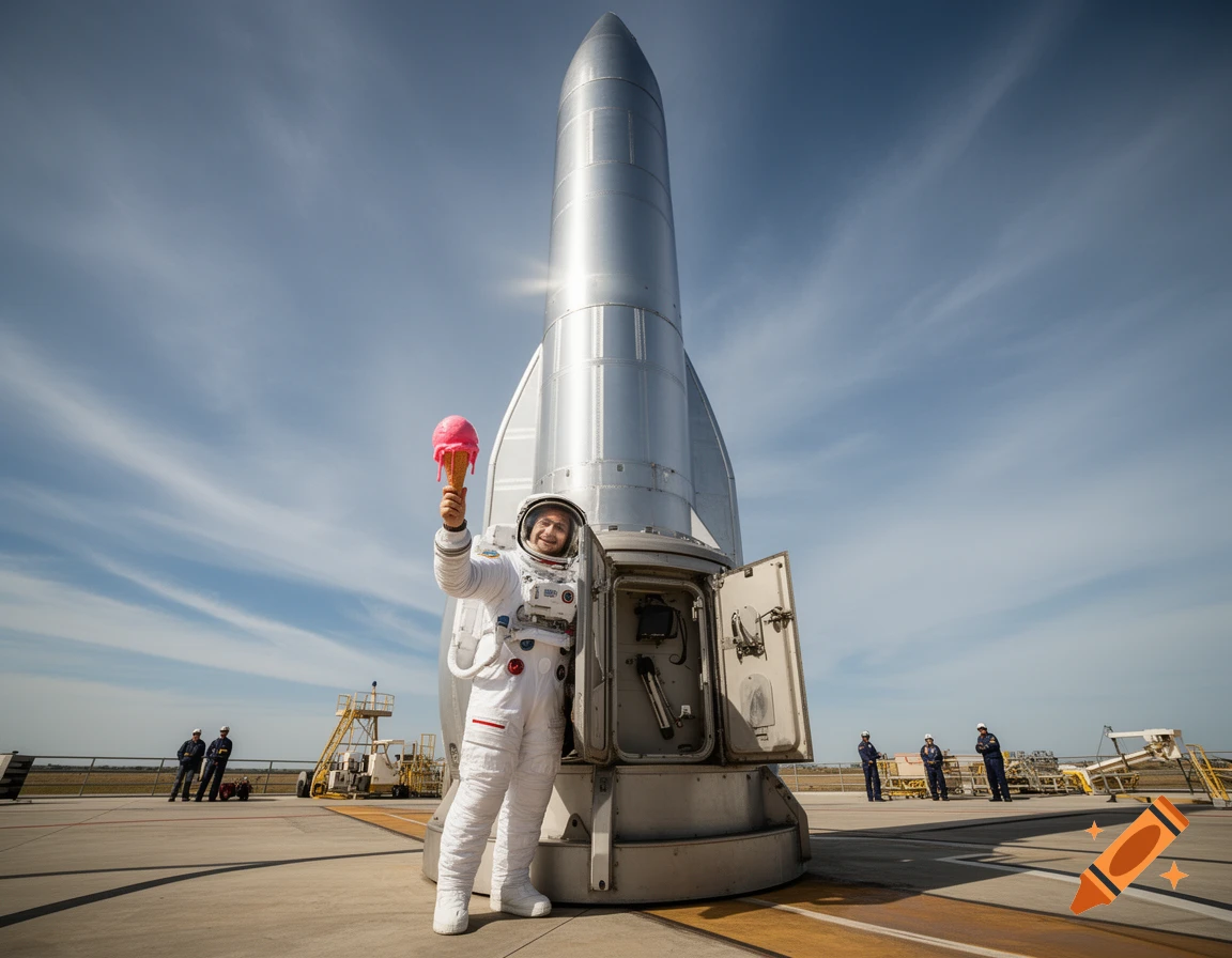 An astronaut in a white spacesuit holds a melting pink ice cream cone in front of a large silver rocket at a launch site.