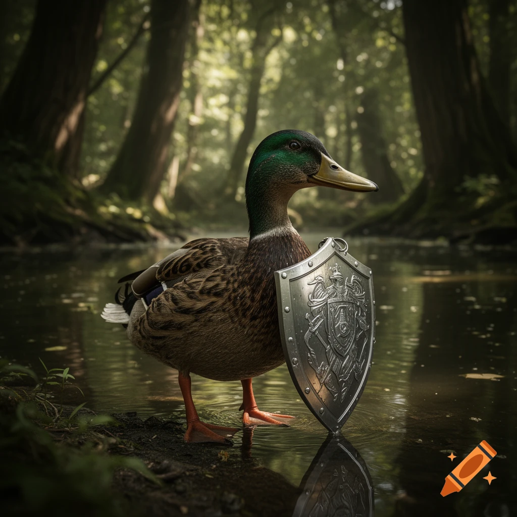 A photorealistic mallard duck stands in shallow water in a forest, holding a metal shield with an emblem.