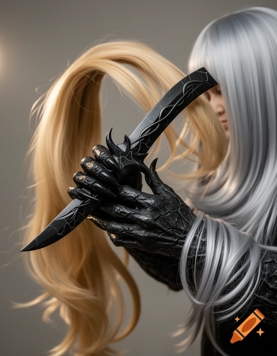 A dark, textured hand with sharp nails holds an ornate black dagger, framed by flowing blonde and silver hair.