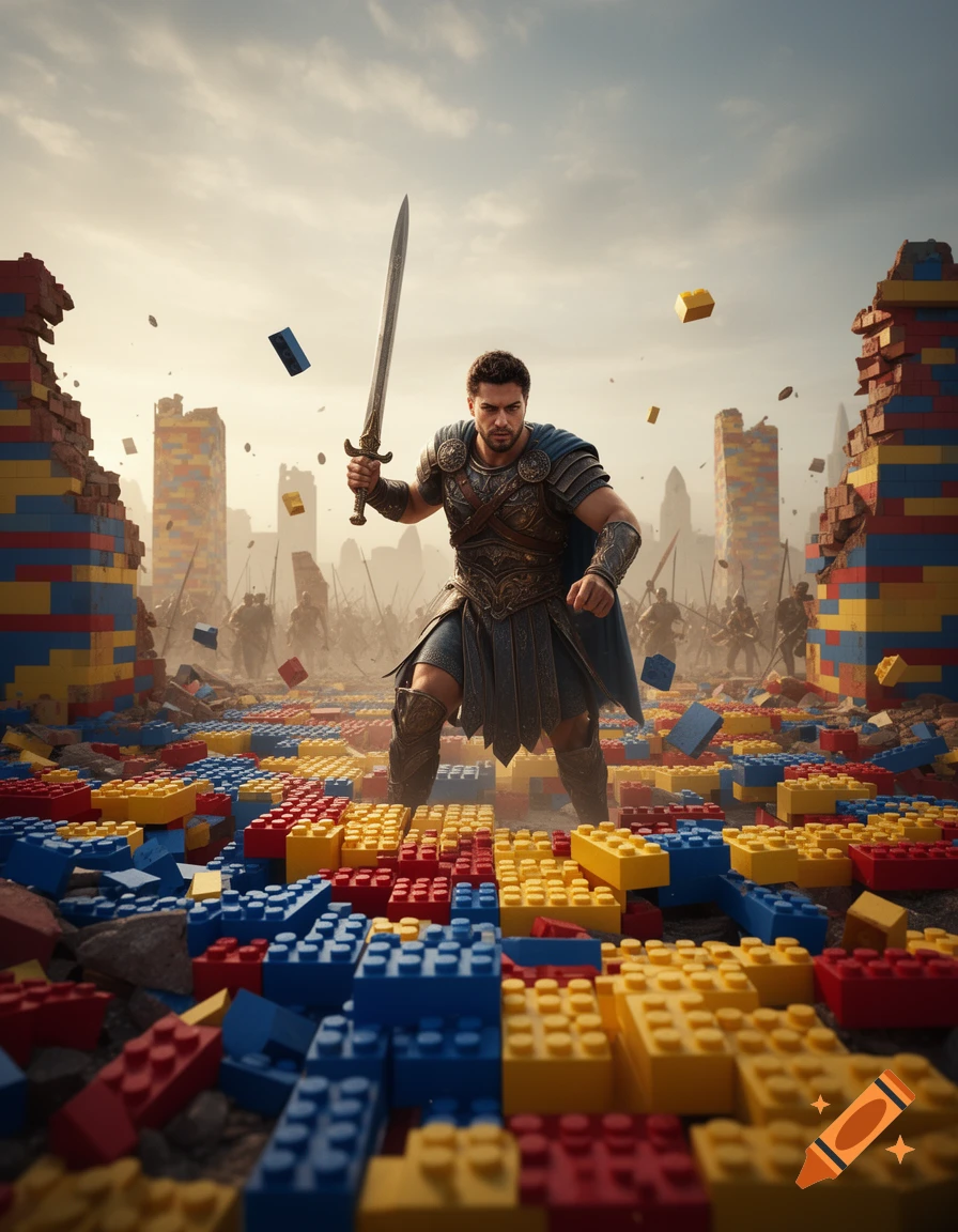 A photorealistic warrior with a sword stands amidst a battlefield of giant LEGO bricks and shattered structures under a cloudy sky.