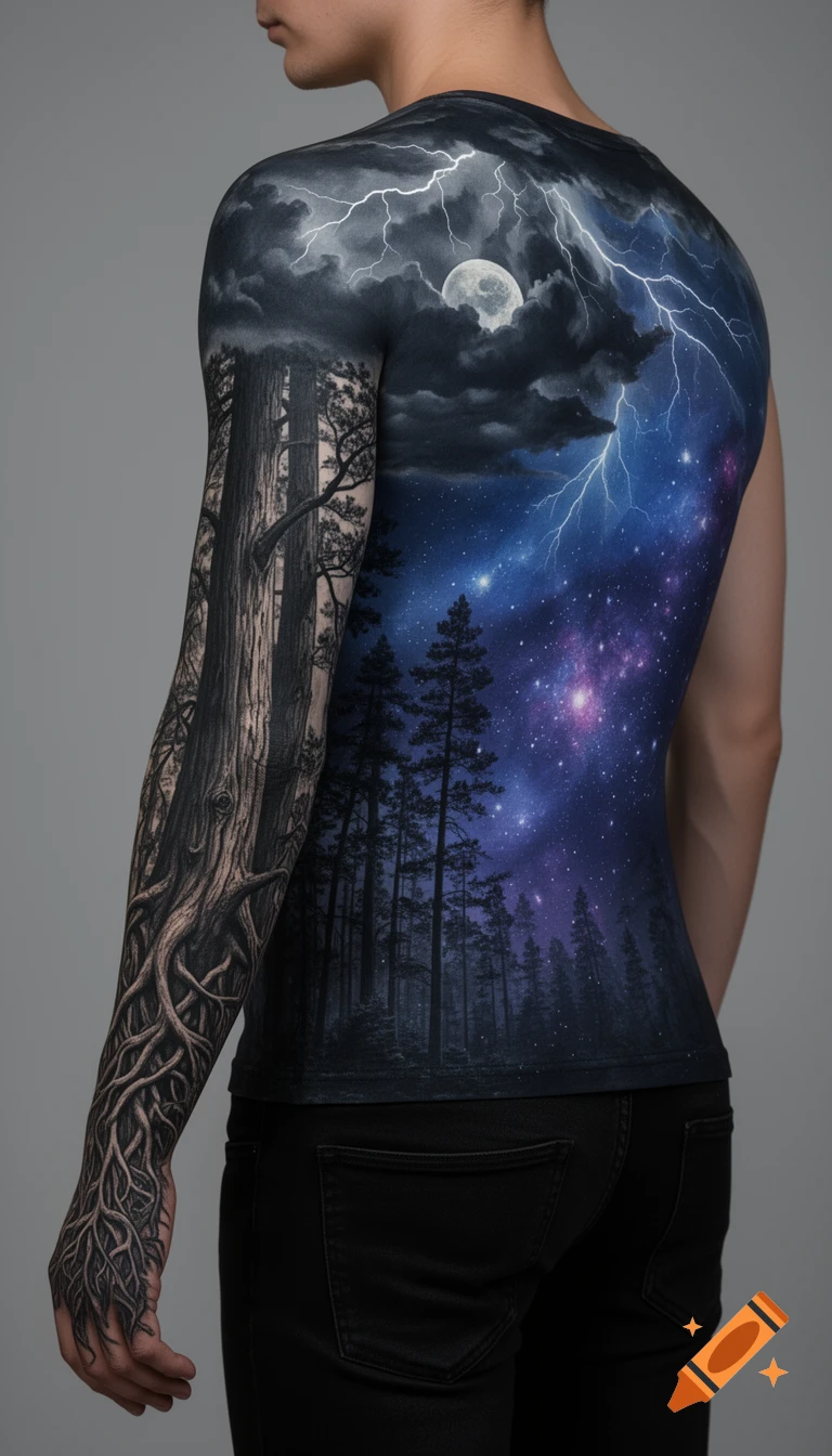 A man's back and arm covered in a detailed tattoo of tree roots, a forest, a stormy night sky with lightning, and a cosmic starry universe.