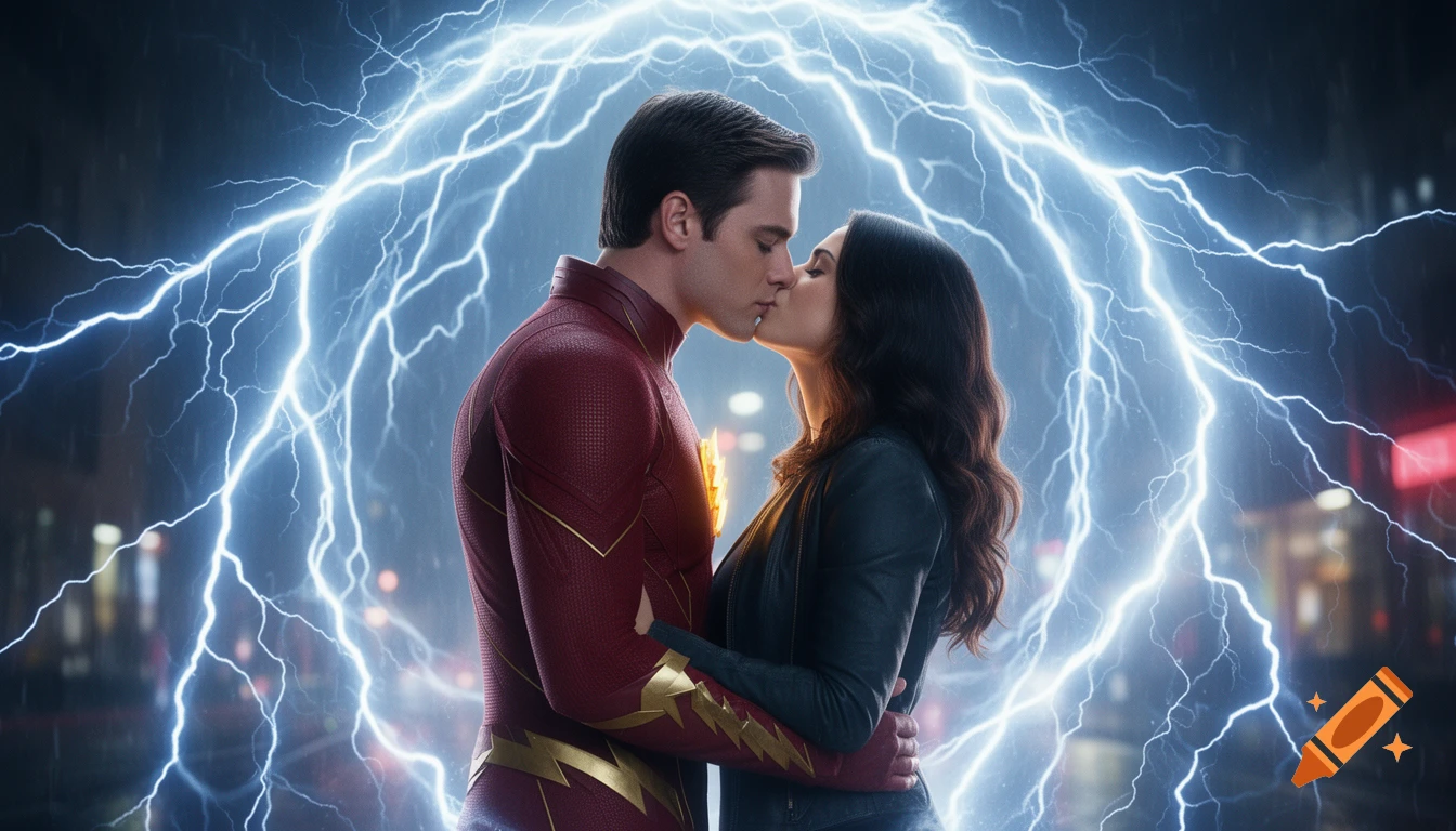 The Flash and Iris West Allen kissing, surrounded by glowing blue lightning in a rainy city.