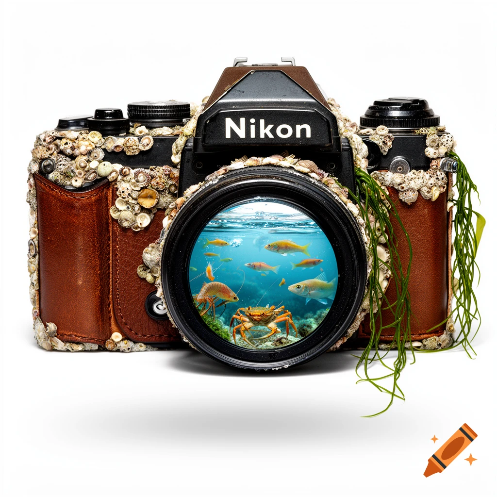 Old Nikon SLR camera covered in barnacles and seaweed on a white background. Its lens shows an underwater scene with fish, a crab, and a shrimp.