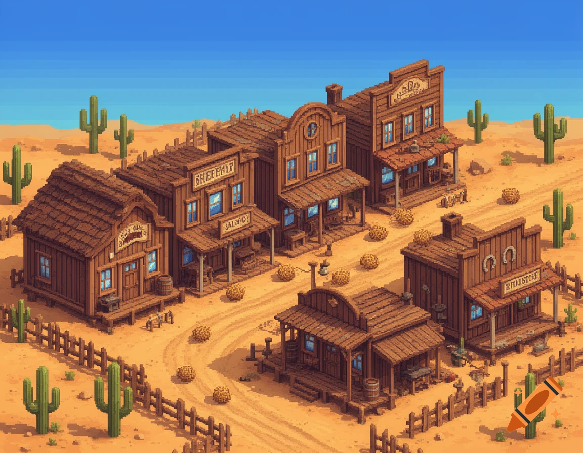 Isometric pixel art depiction of an old wild west town with wooden buildings, dirt roads, and cacti.