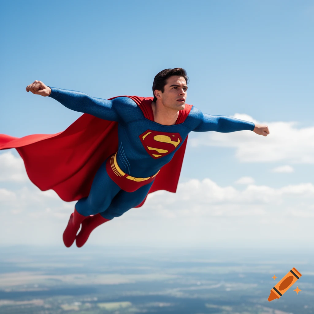 Photorealistic image of Superman flying in a blue sky with clouds, looking forward with arms outstretched.