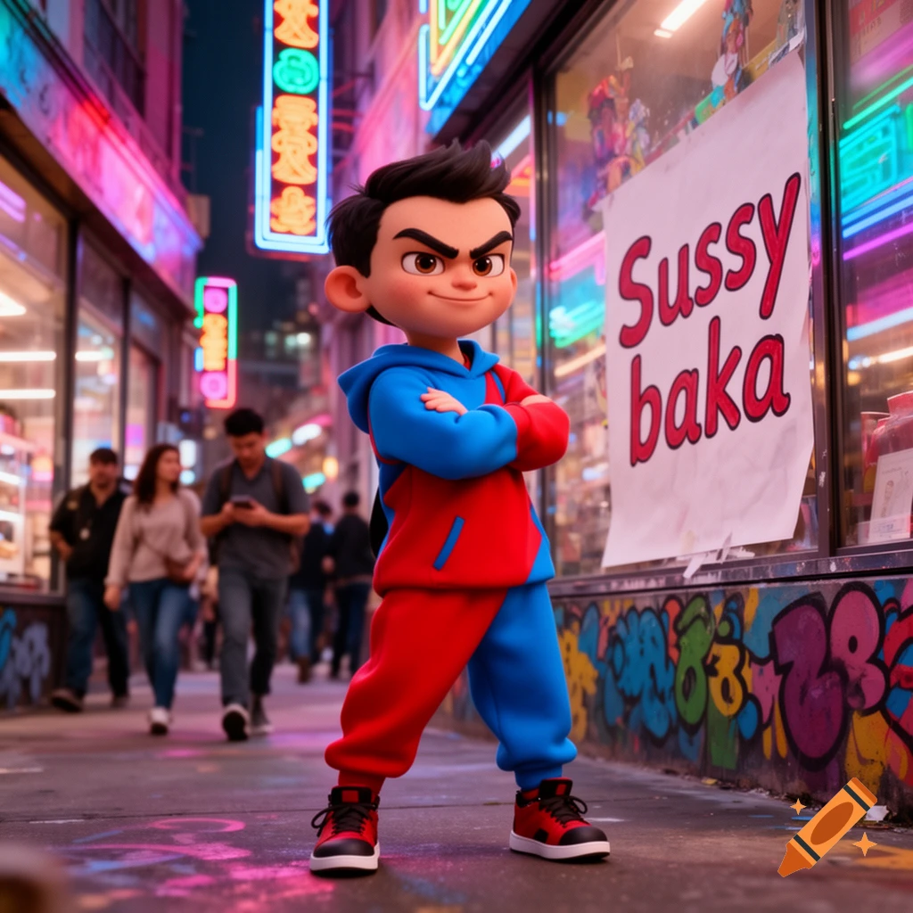 A stylized cartoon boy in a red and blue tracksuit stands smirking on a neon-lit urban street, with a 'Sussy baka' sign on a window.