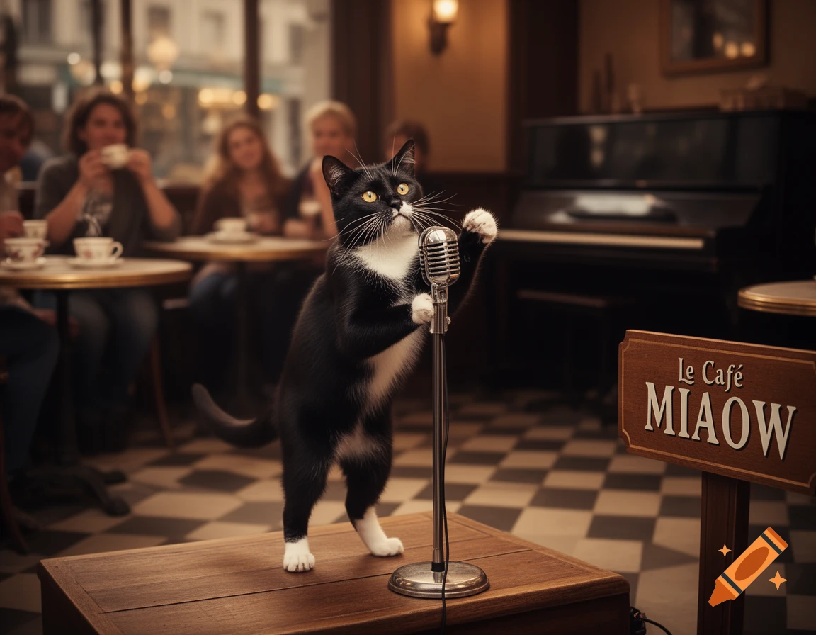 A photorealistic tuxedo cat stands on a stage with a microphone in a cafe called 'Le Café MIAOW', with blurred patrons in the background.