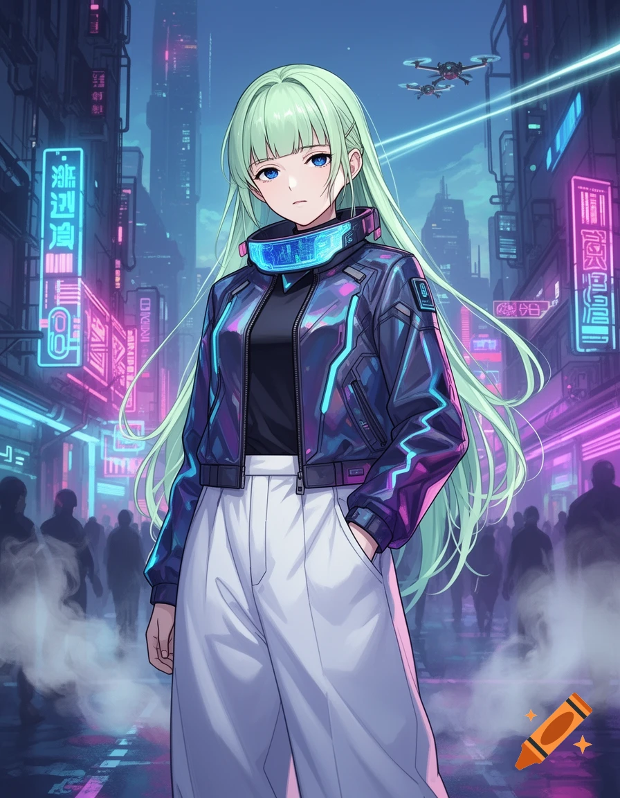 An anime girl with light green hair, blue eyes, wearing a cyberpunk jacket and white baggy trousers, standing in a neon-lit cyberpunk city street.