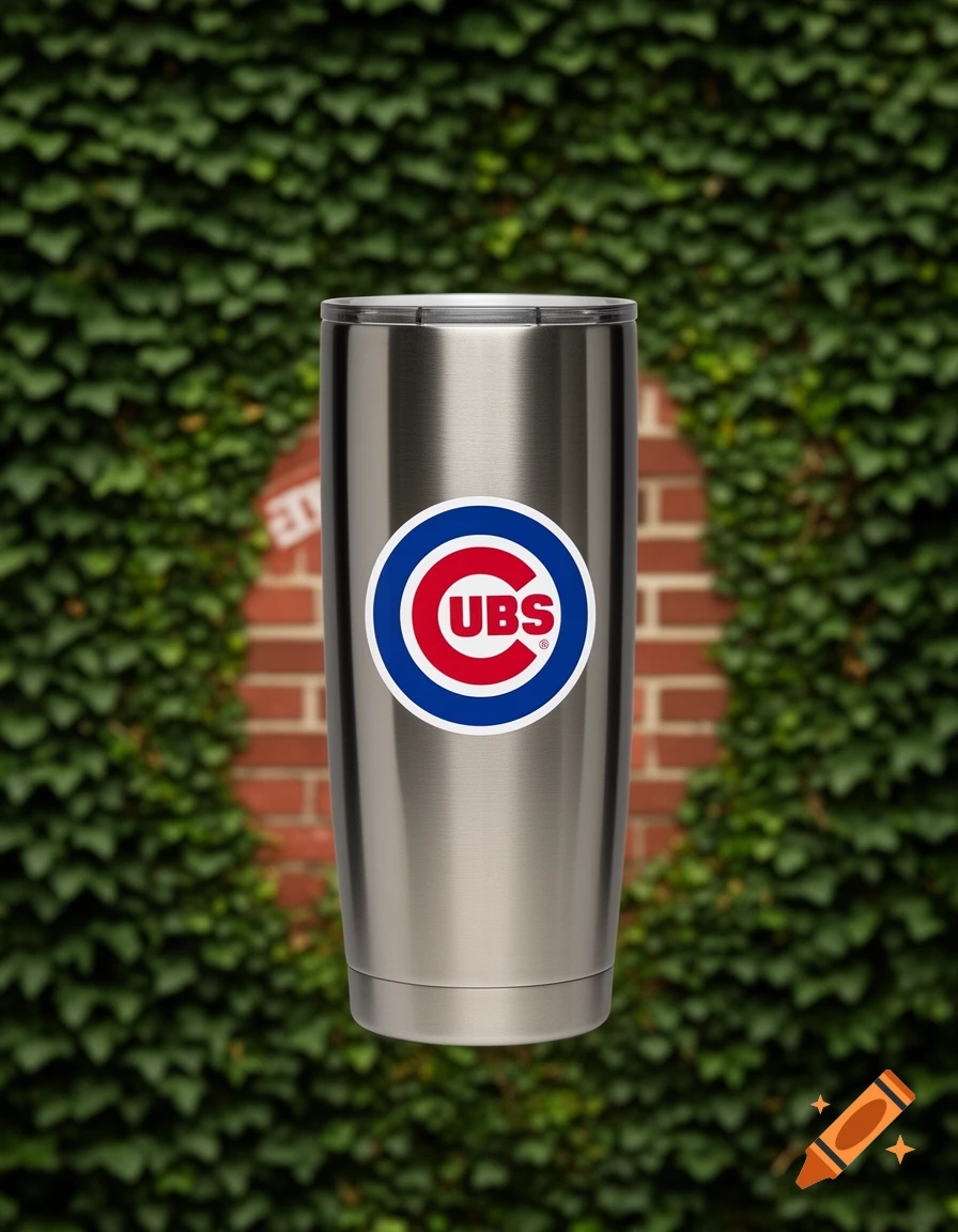 A silver travel tumbler cup with a Chicago Cubs logo sits in front of a blurred green ivy wall and red brick background.
