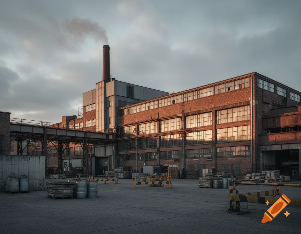A large, photorealistic industrial factory building made of brick with many windows and a tall smokestack emitting smoke under a cloudy sky.