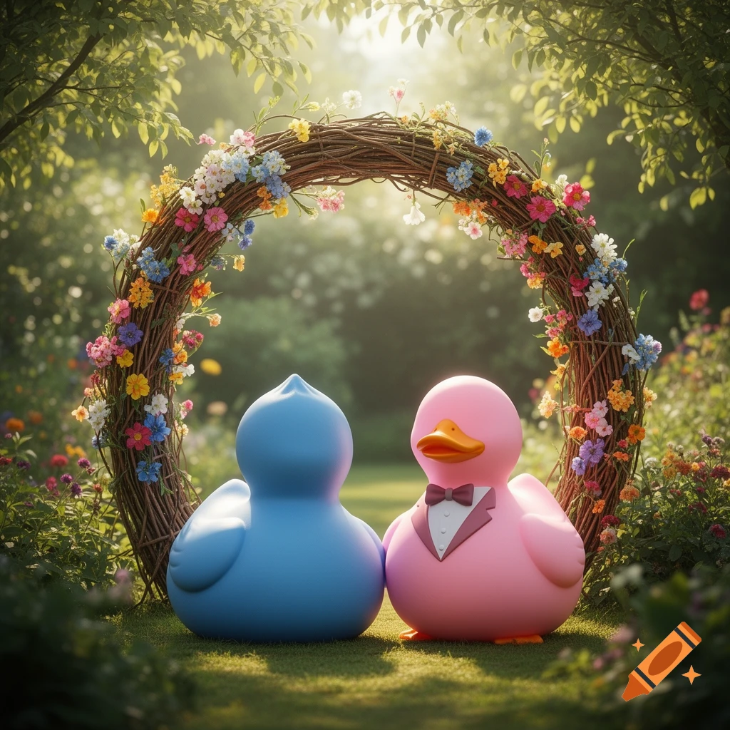 A blue and a pink duck-like figure under a floral arch in a lush garden, with the pink figure wearing a tuxedo.