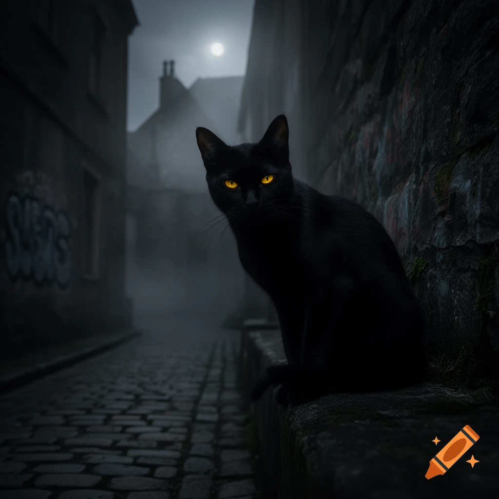 A black cat with piercing yellow eyes sits on a stone ledge in a dark, foggy cobblestone alley under a full moon.