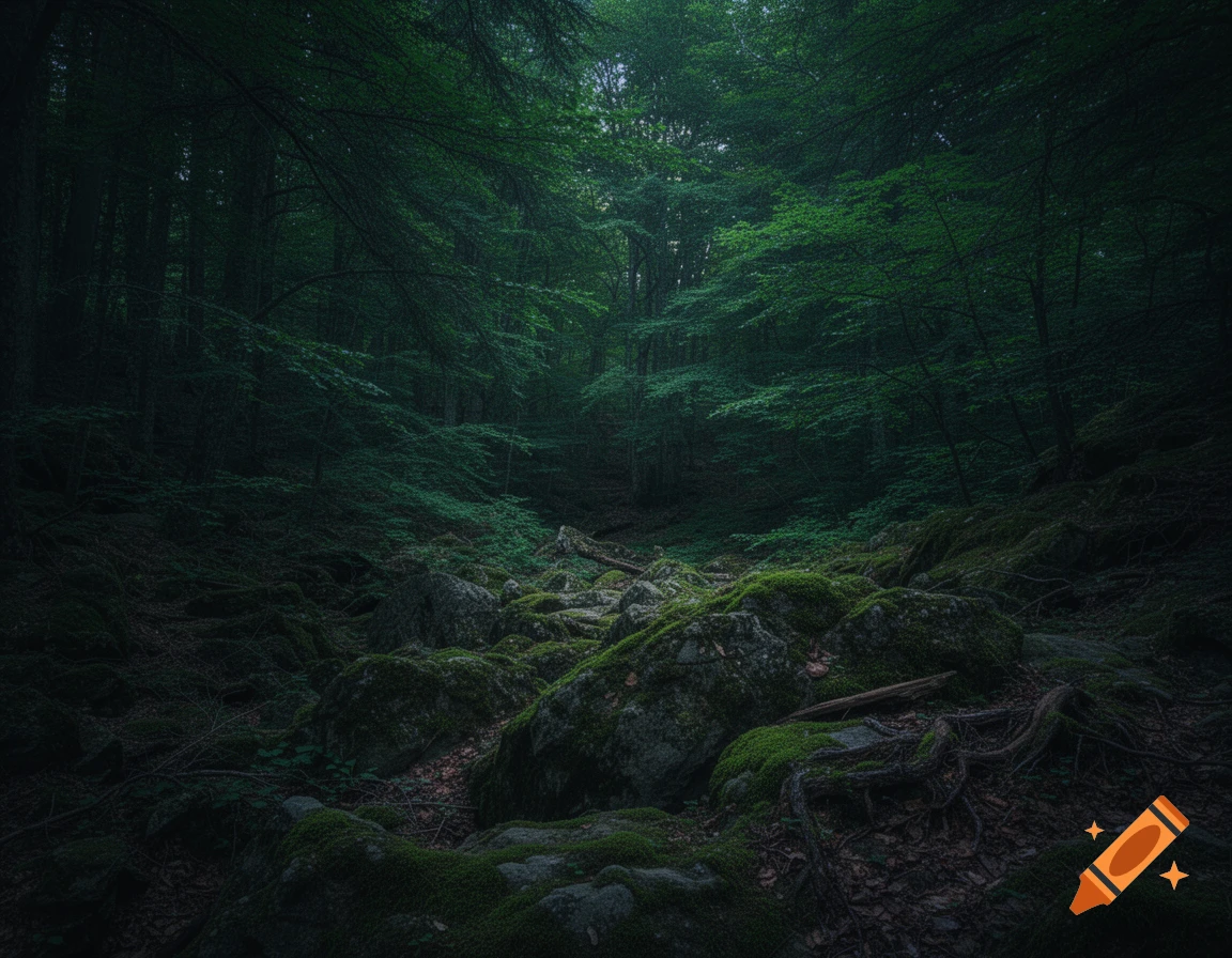 A dark, lush forest scene with moss-covered rocks and green trees, illuminated by a subtle evening light.