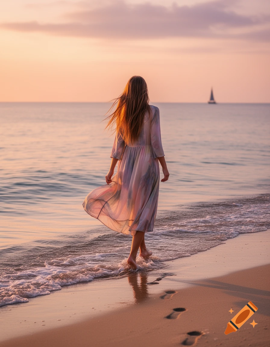 A woman with long hair and a flowing dress walks barefoot along the shoreline of a beach at sunset, with a sailboat in the distance.