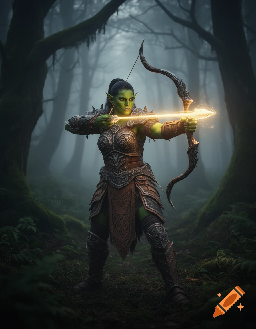 A female orc ranger in detailed armor aims a glowing arrow from her bow in a dark, misty forest.