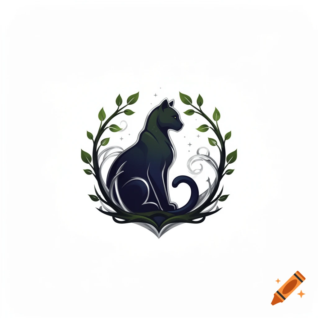 Stylized black cat with glowing eyes sitting within a leafy wreath, a magical illustration.
