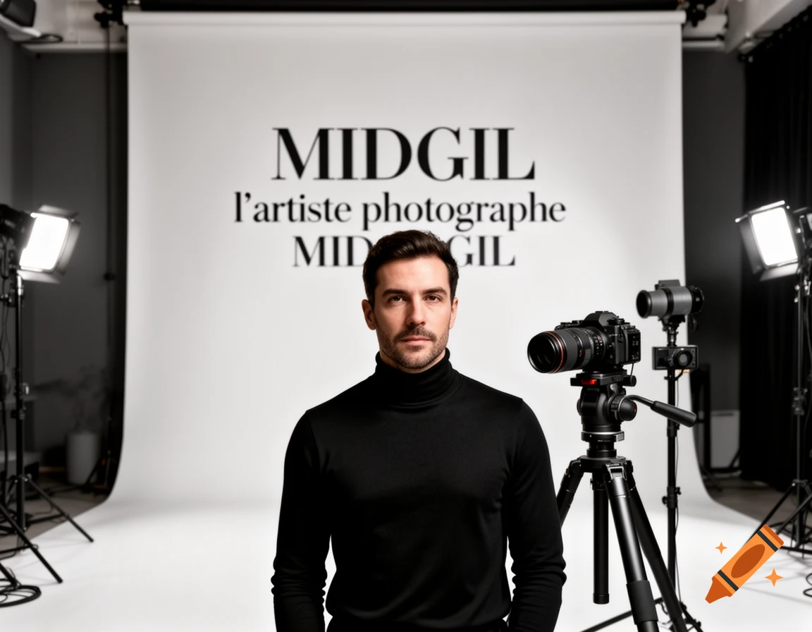 A man in a black turtleneck stands in a photography studio with studio lights and a camera on a tripod. Behind him is a white backdrop with the text "MIDGIL l'artiste photographe MID GIL".