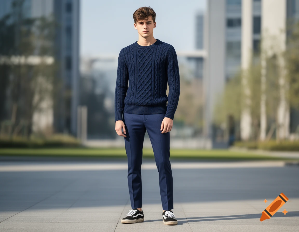 A young man wearing a dark blue cable-knit sweater, dark blue pants, and black Vans shoes stands outdoors against a blurred modern building background.