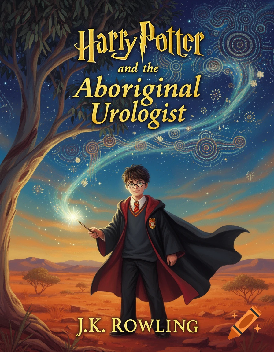 Book cover showing Harry Potter in a desert, holding a glowing wand, under a starry sky with indigenous art patterns. Title: Harry Potter and the Aboriginal Urologist.