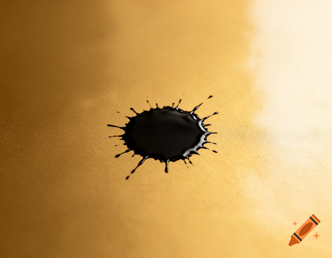 A black inkblot with splatters on a textured, shiny gold surface.