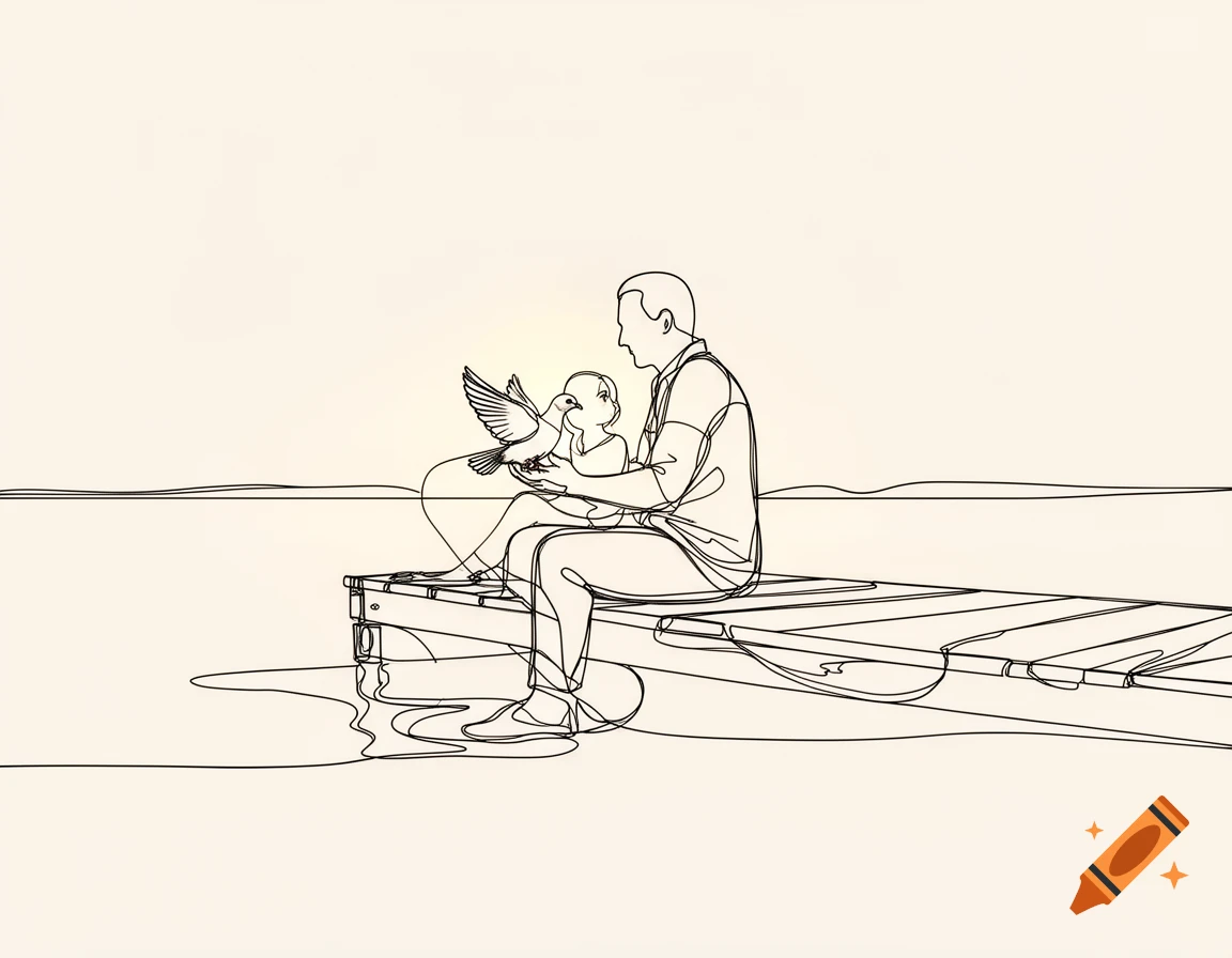 Single line art drawing of a father and child sitting on a dock with a pigeon in the father's hands, against a plain background.