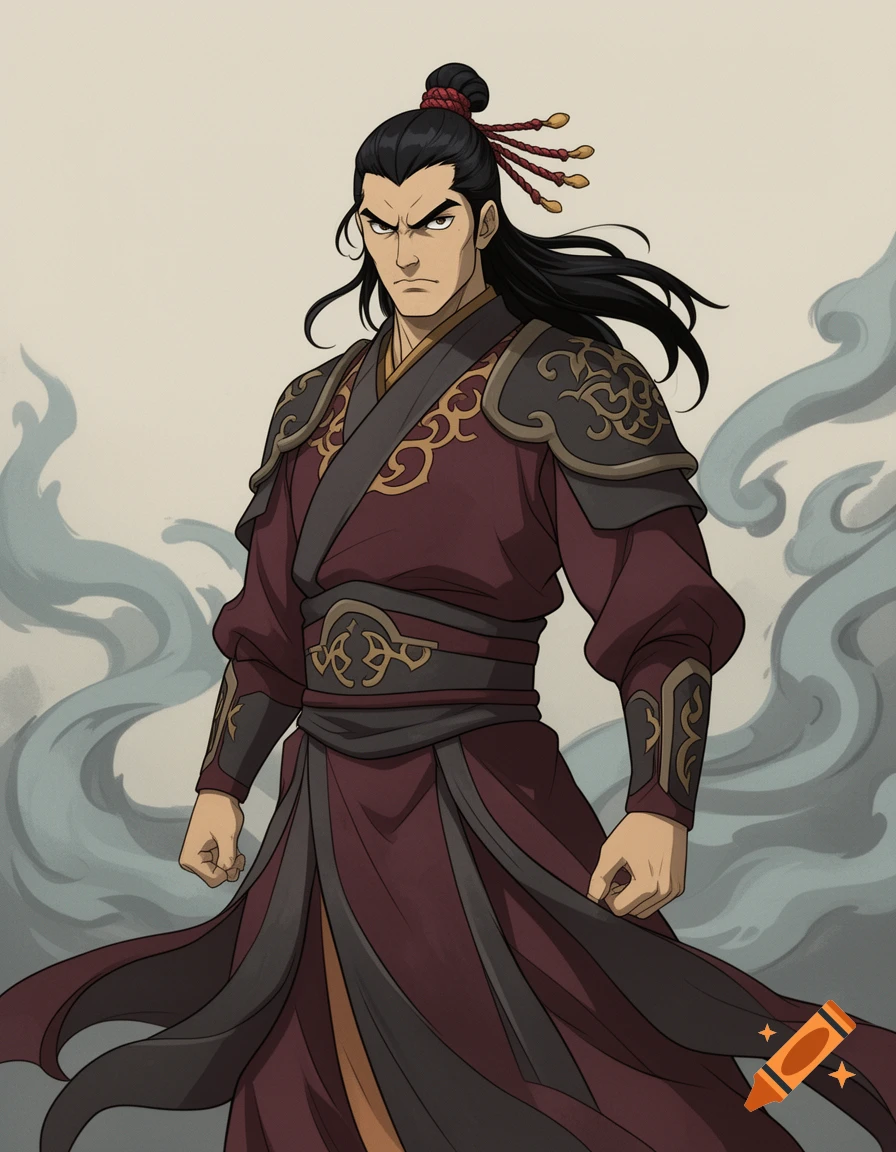 A fierce-looking man with long black hair in a bun, wearing a dark red and gold robe with shoulder armor, in an animated style.