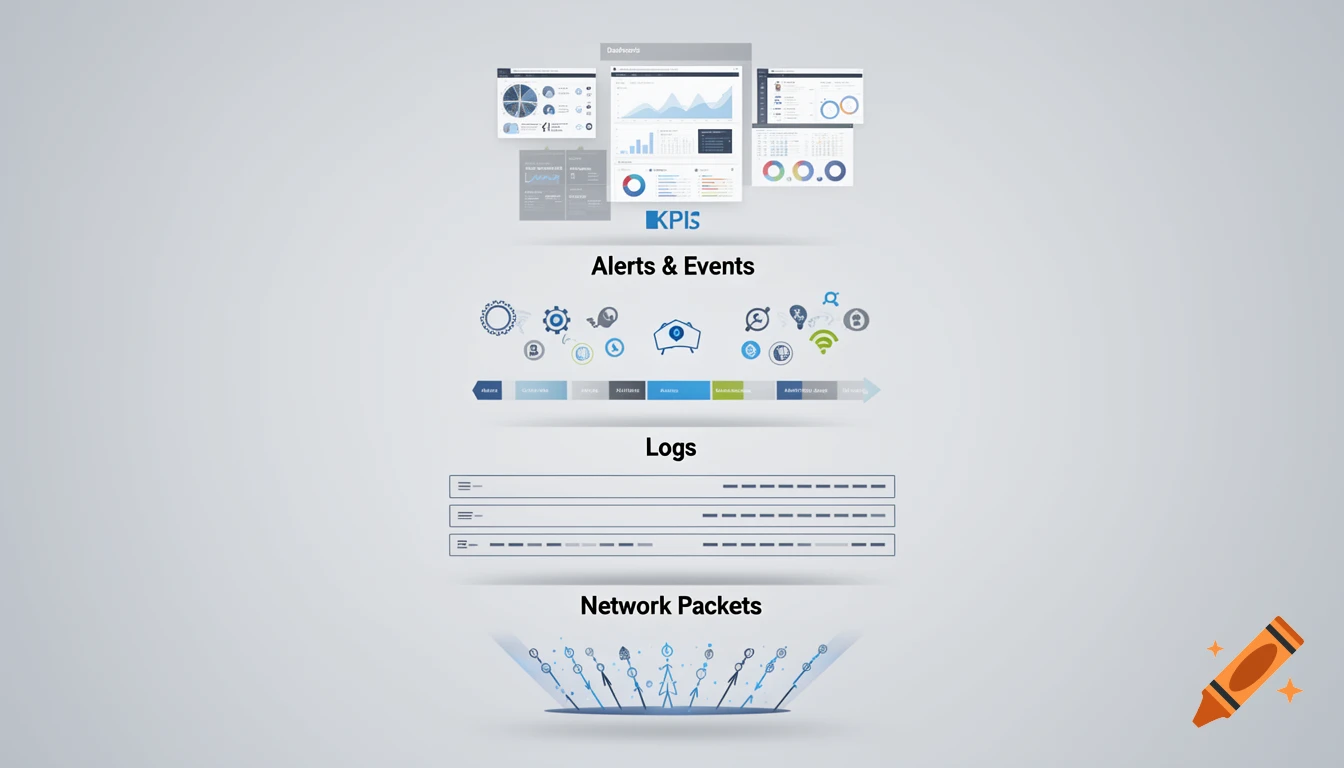 A professional diagram showing a data hierarchy from dashboards and KPIs at the top, down through alerts, logs, and network packets at the bottom.