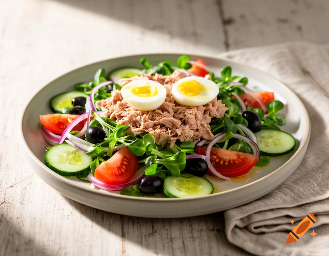 Vibrant tuna salad with hard-boiled eggs, cucumber, tomatoes, red onion, black olives, and green leaves on a plate.
