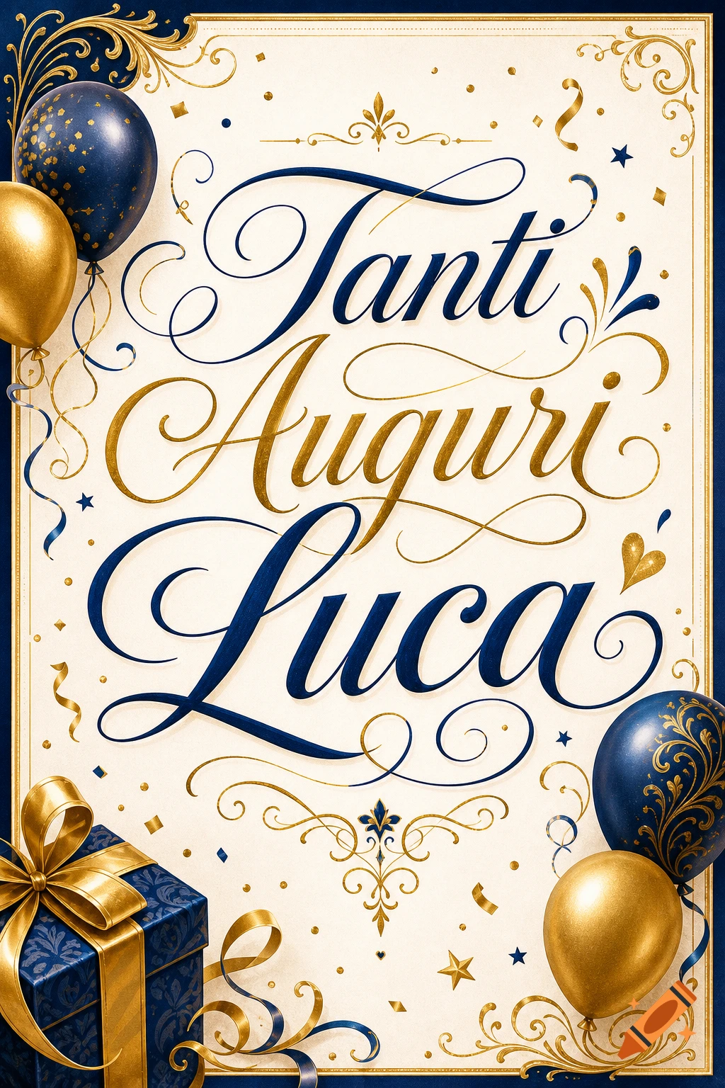 Decorative birthday greeting card with elegant gold and blue calligraphy reading "Tanti Auguri Luca", balloons, confetti, and a gift box.