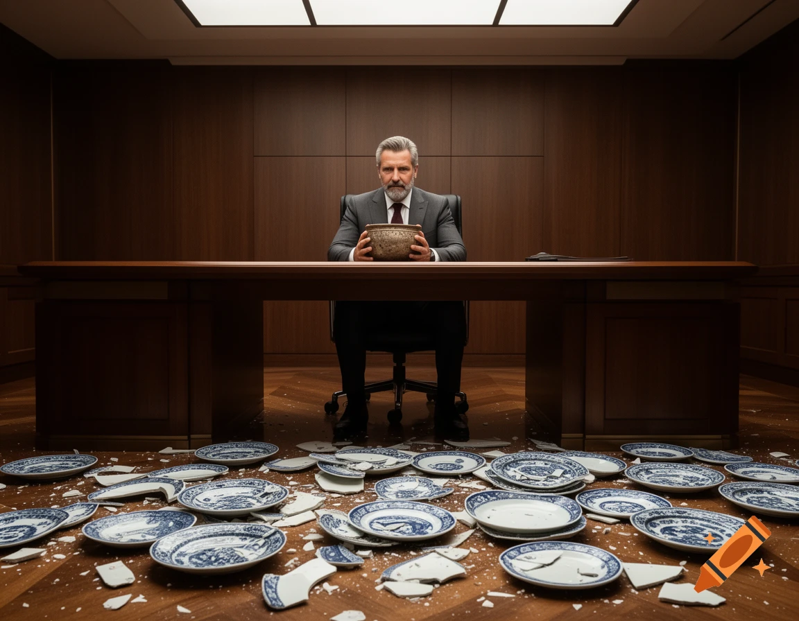 A man in a suit sits behind a desk, holding a begging bowl, surrounded by many smashed blue and white plates on the office floor.