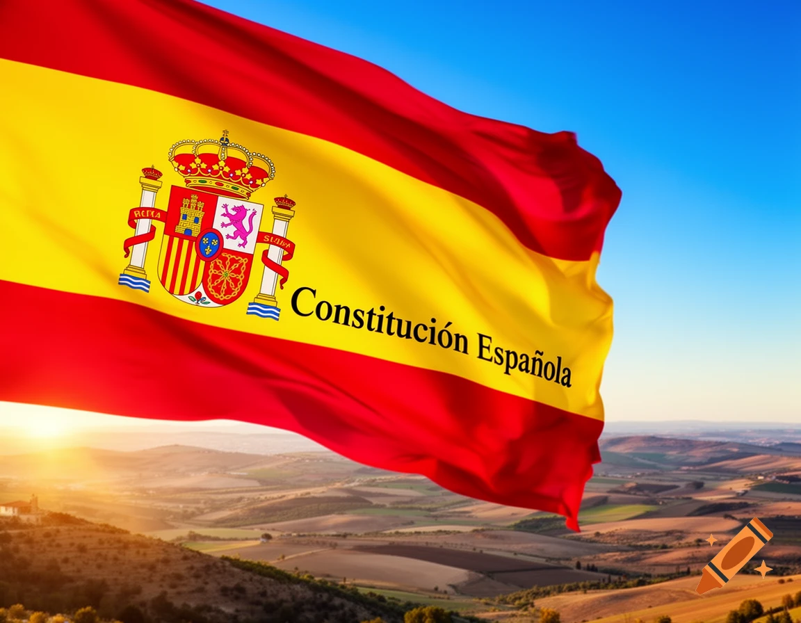 Spanish flag with 'Constitución Española' waving over a sunlit rural landscape.