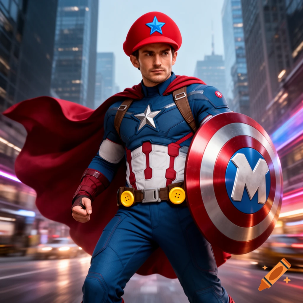 Photorealistic Captain America-Mario fusion standing on a blurred city street, wearing a red hat with a star and holding a shield with an 'M'.