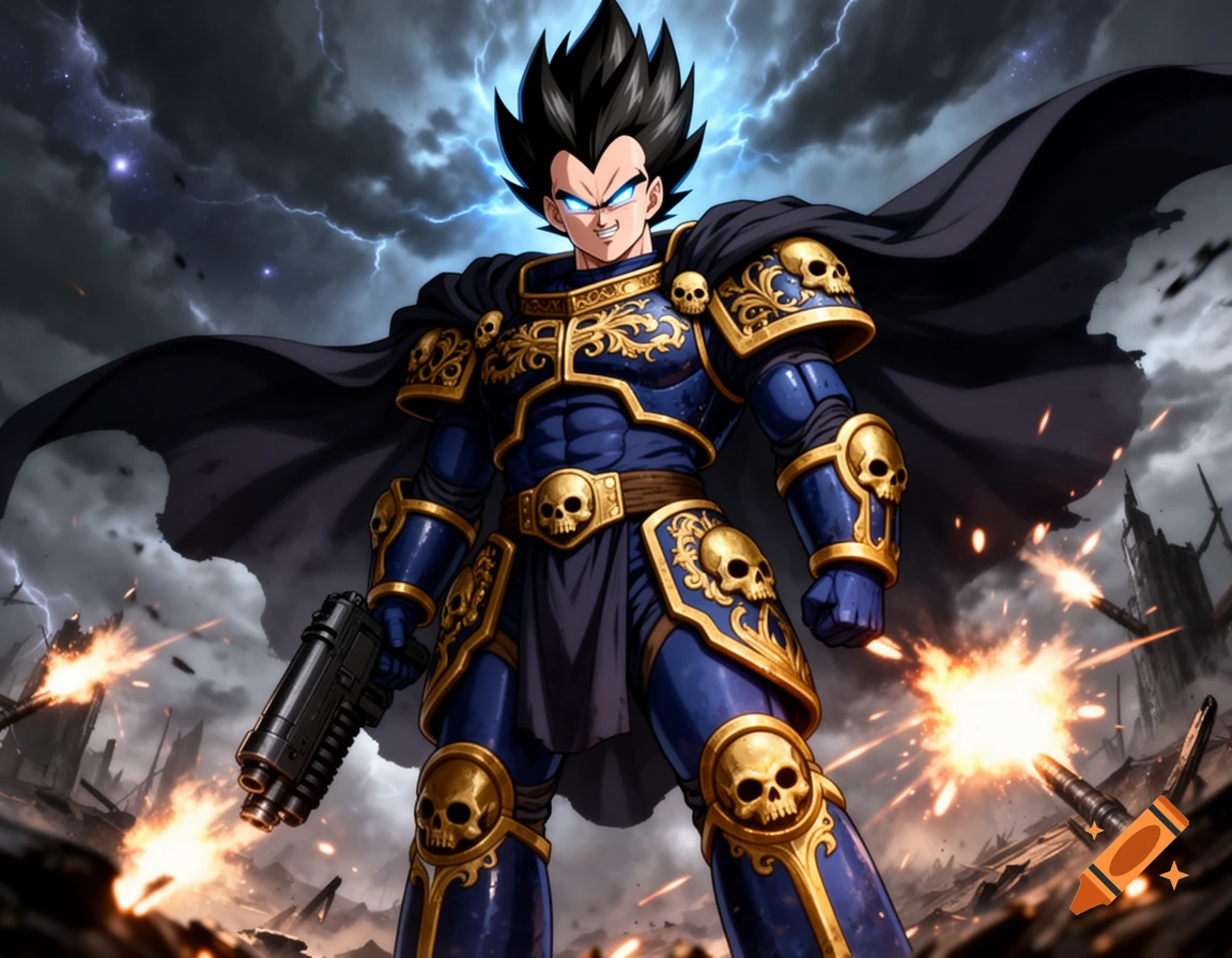 Anime character Vegeta in blue and gold Space Marine armor, wielding a gun on a battle-torn field with lightning and explosions.